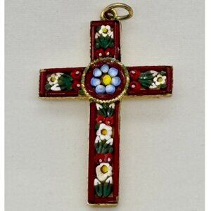 Vintage Italian Micro Mosaic Cross Gold-Tone Metal Red W/Blue White Green Marked